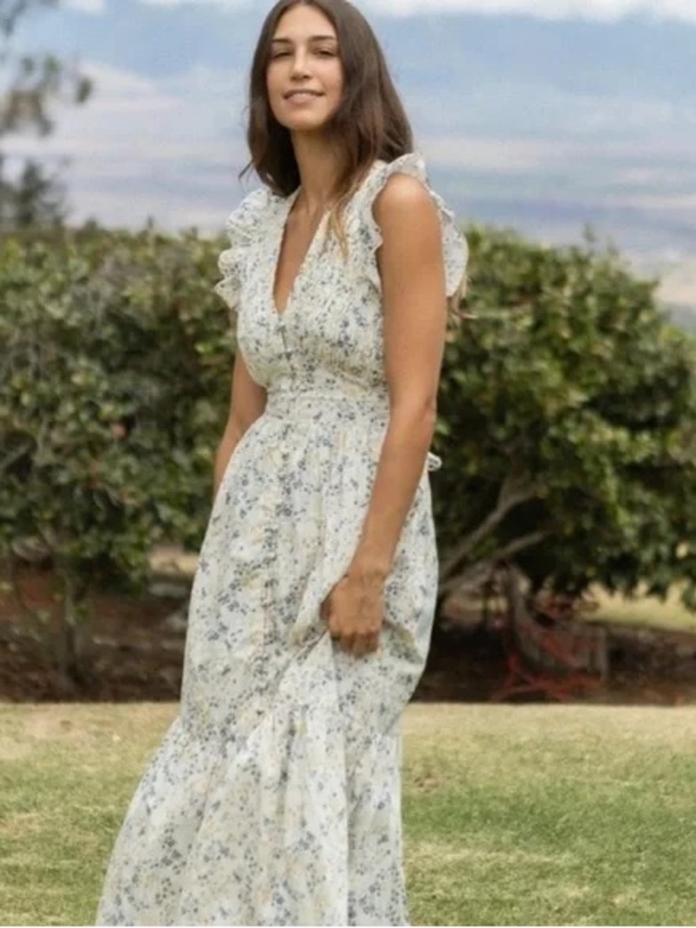 Light Floral Ruffle-Sleeve Midi Dress - Cream